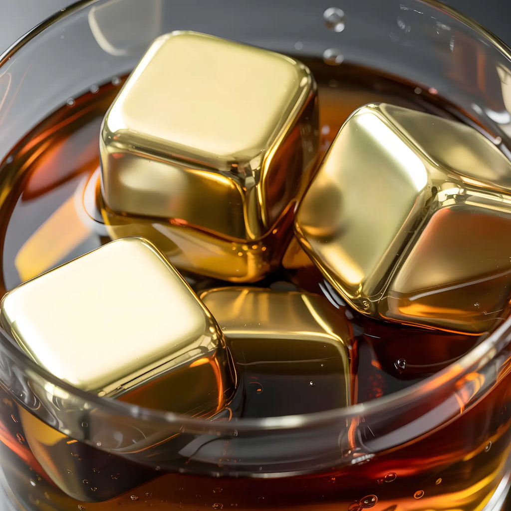 4-piece gold stainless steel ice cubes detail view