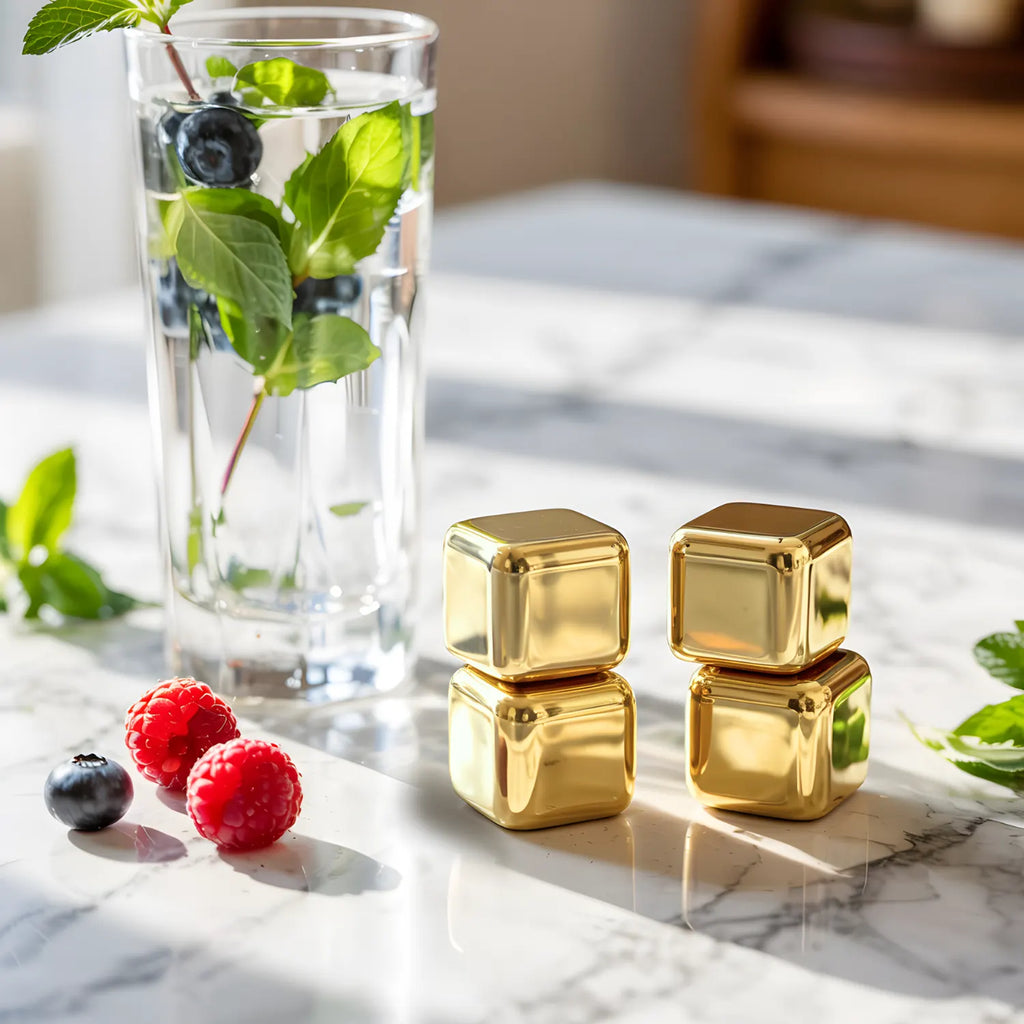 4-piece gold stainless steel ice cubes on a home bar counter