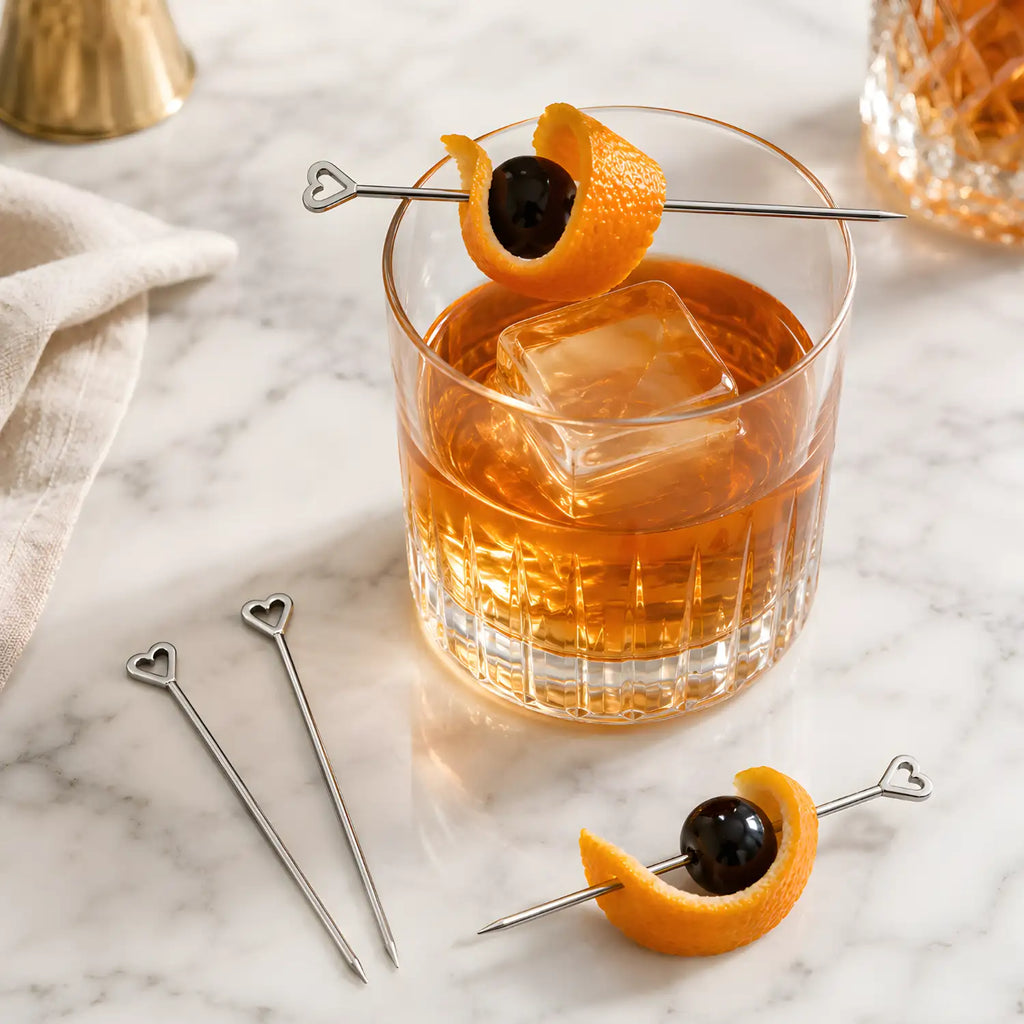 heart cocktail picks skewered with garnishes