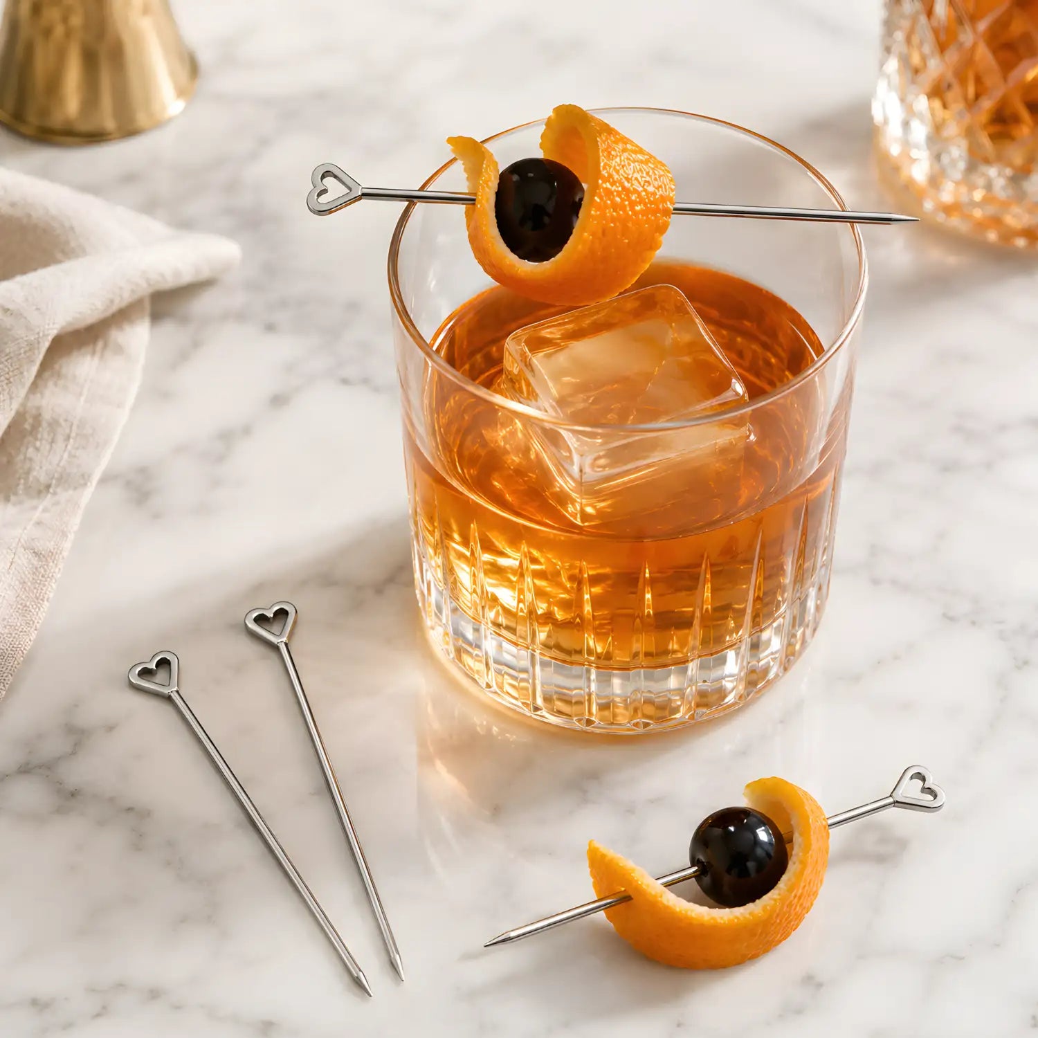heart cocktail picks skewered with garnishes