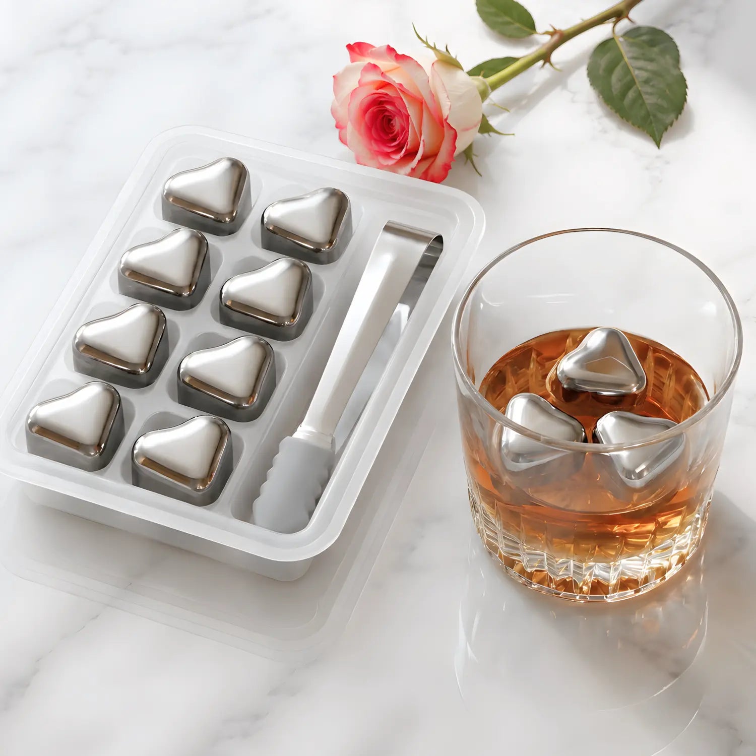 heart shaped stainless steel ice cubes on home bar counter