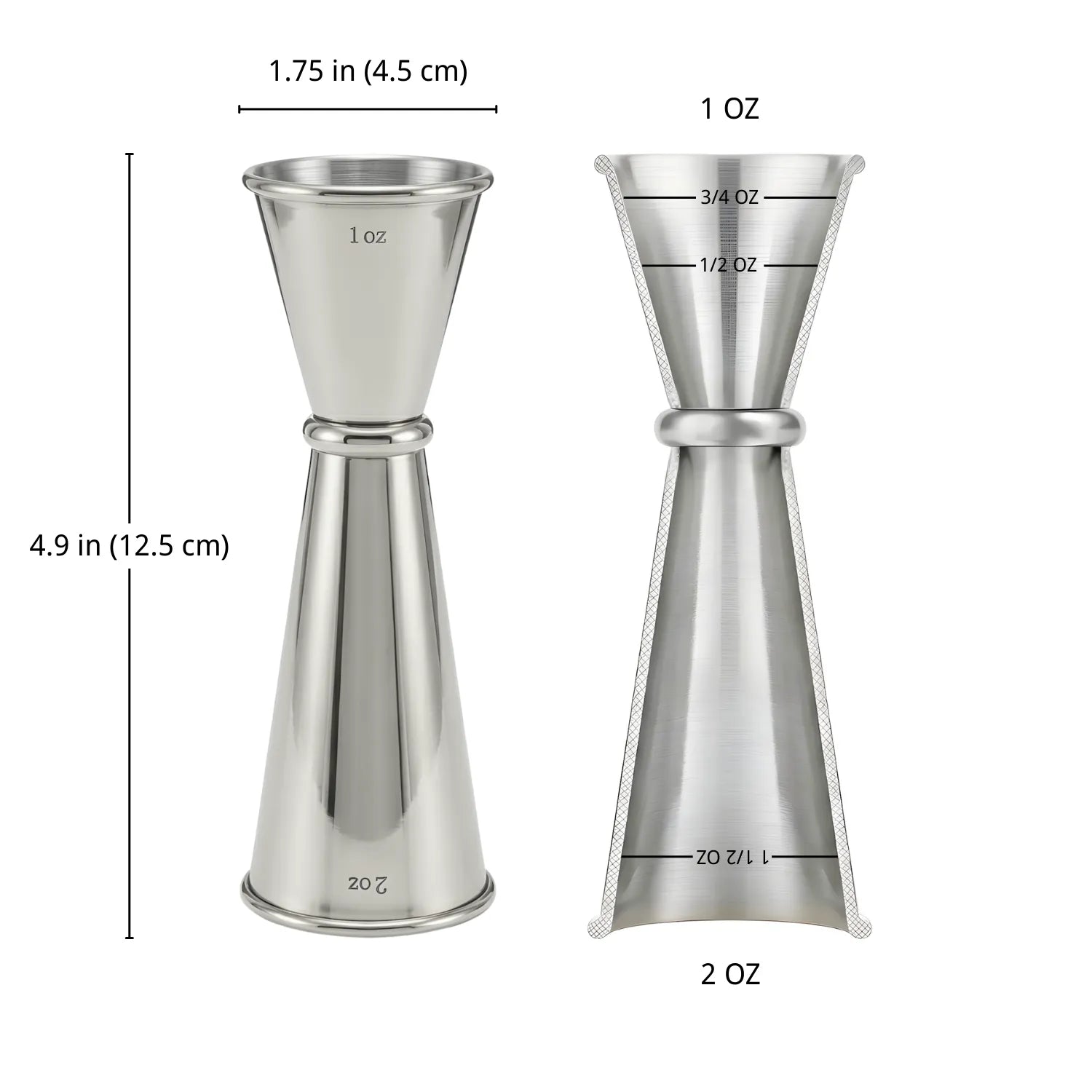 Japanese Jigger - 2 oz & 1 oz dimensions