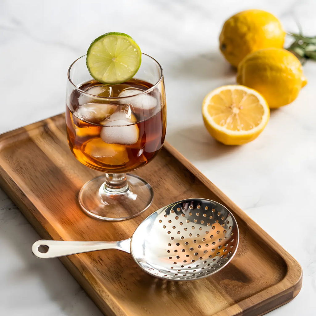 Julep strainer on a home bar counter