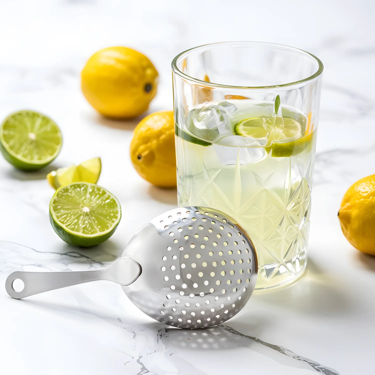 Julep strainer next to a mixing glass