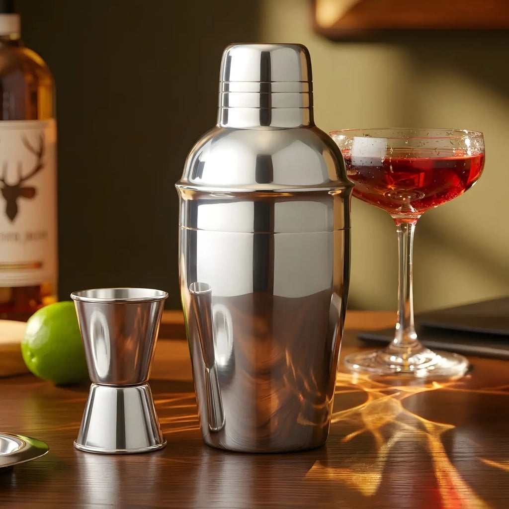 mini cobbler shaker cocktail on home bar counter