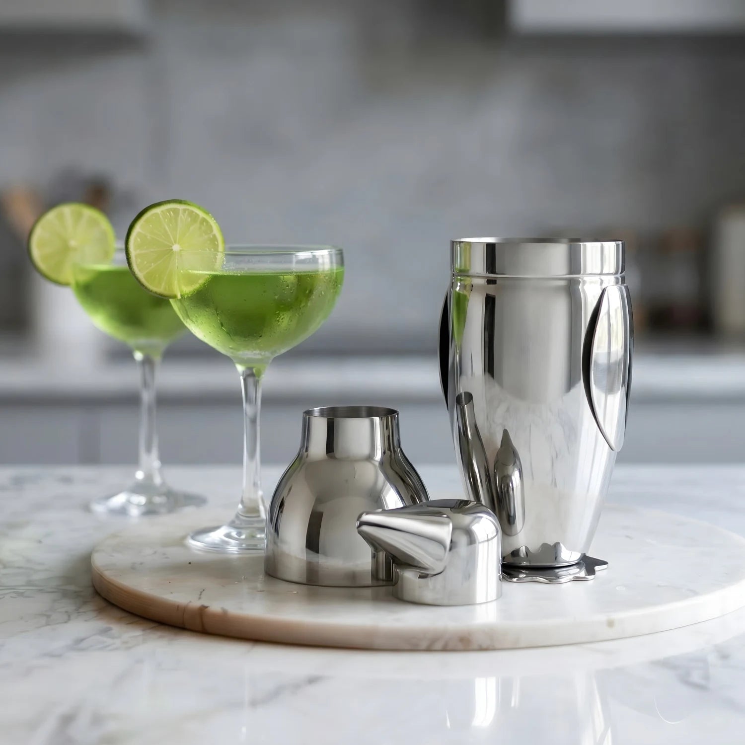 penguin cocktail shaker on a home bar counter