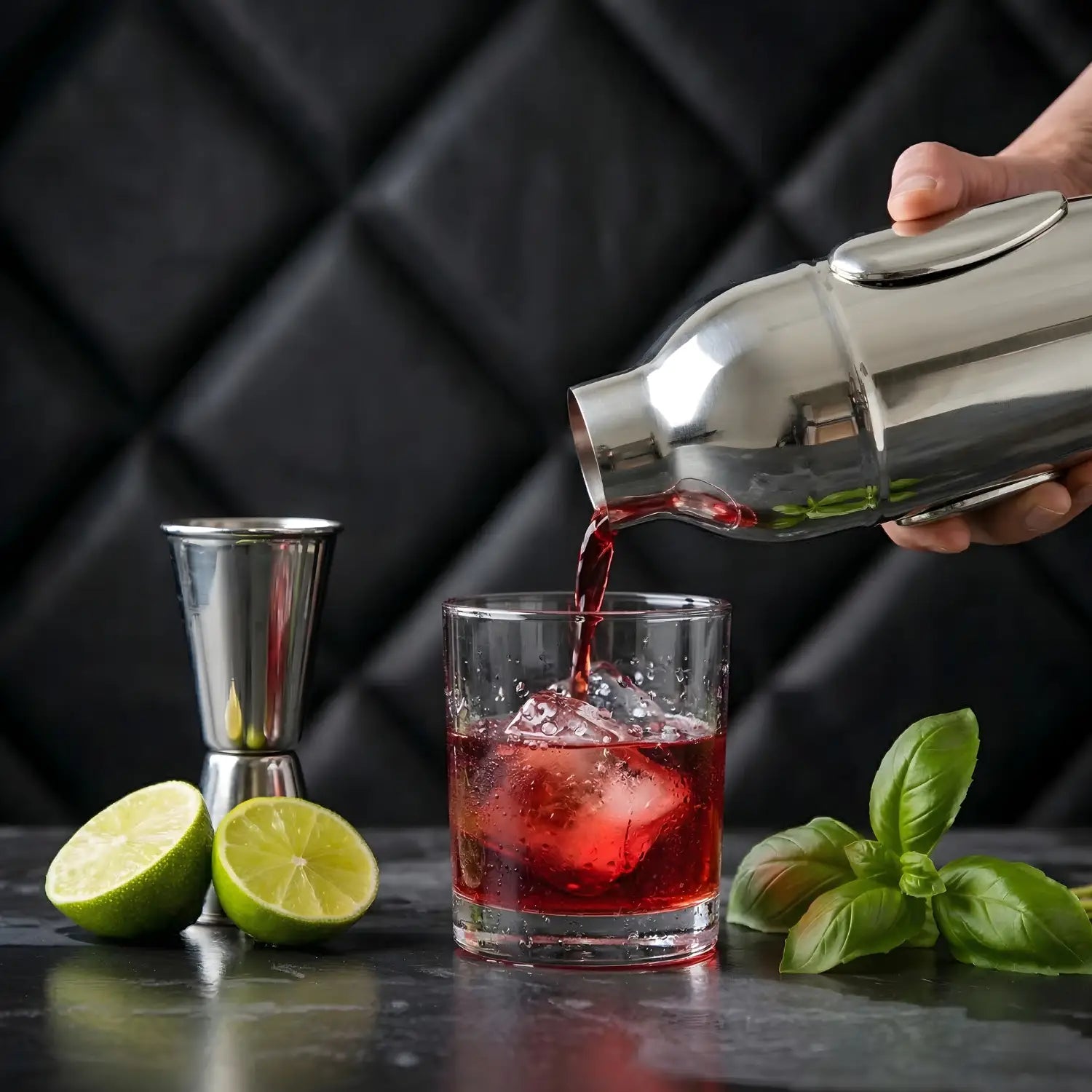 penguin cocktail shaker pouring a cocktail into a glass