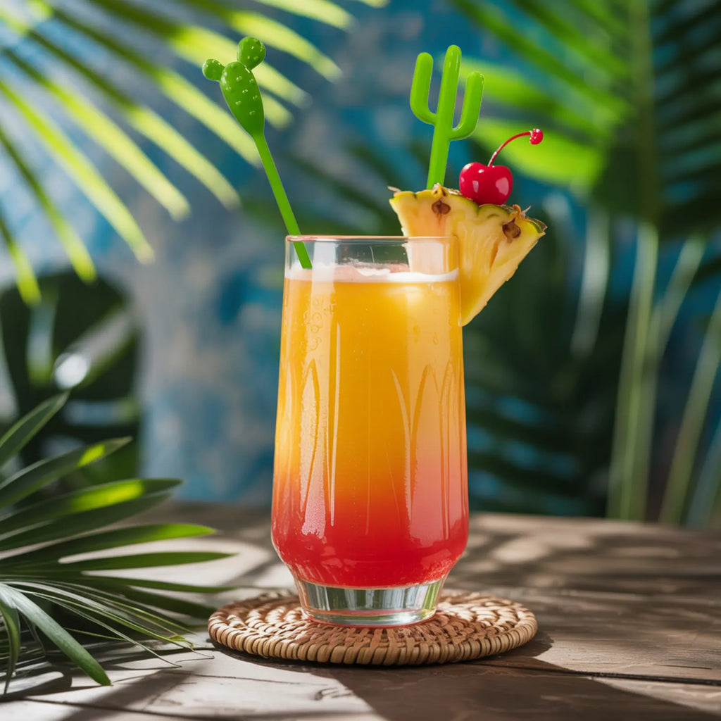 cactus swizzle sticks in a tropical cocktail
