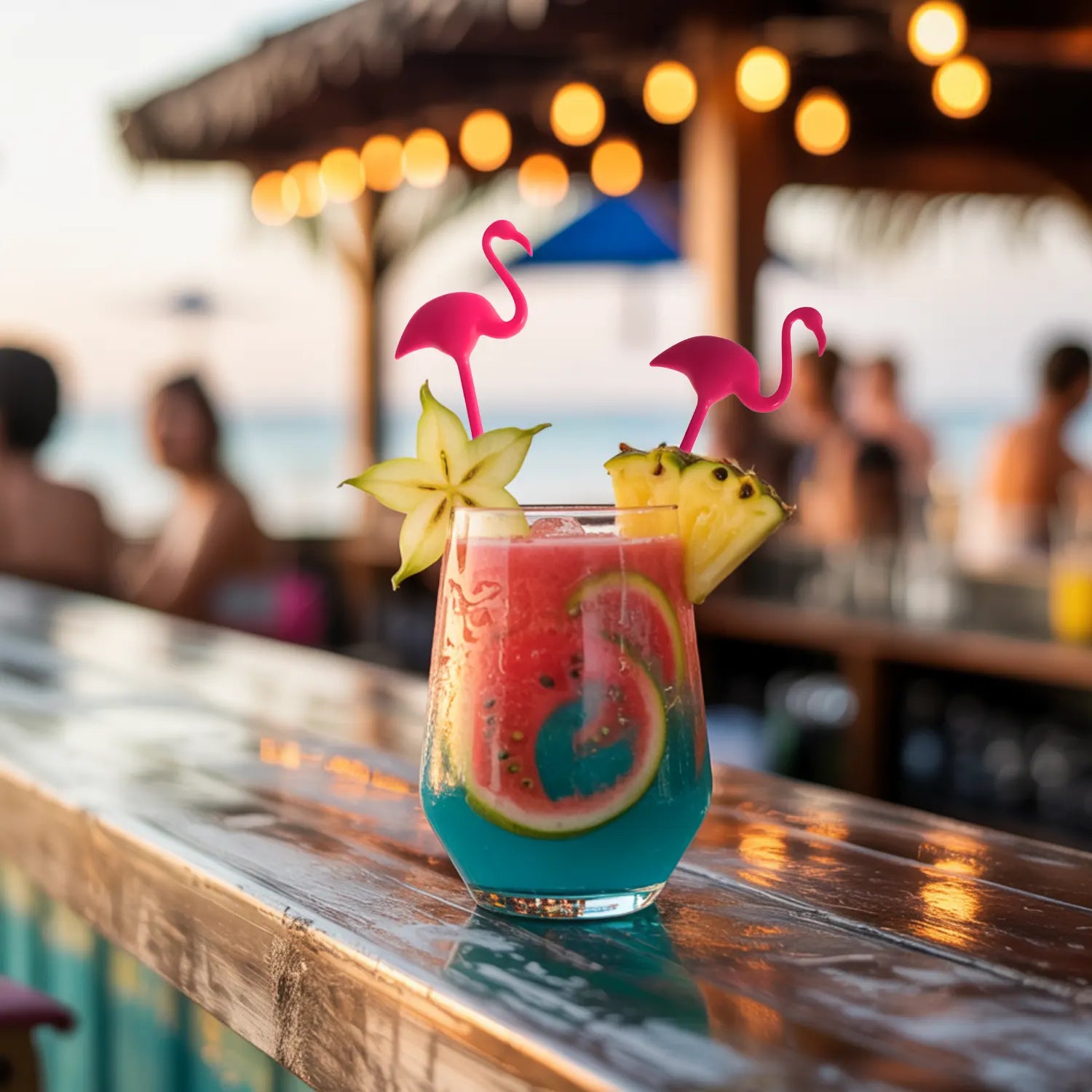 flamingo swizzle sticks in a tropical cocktail