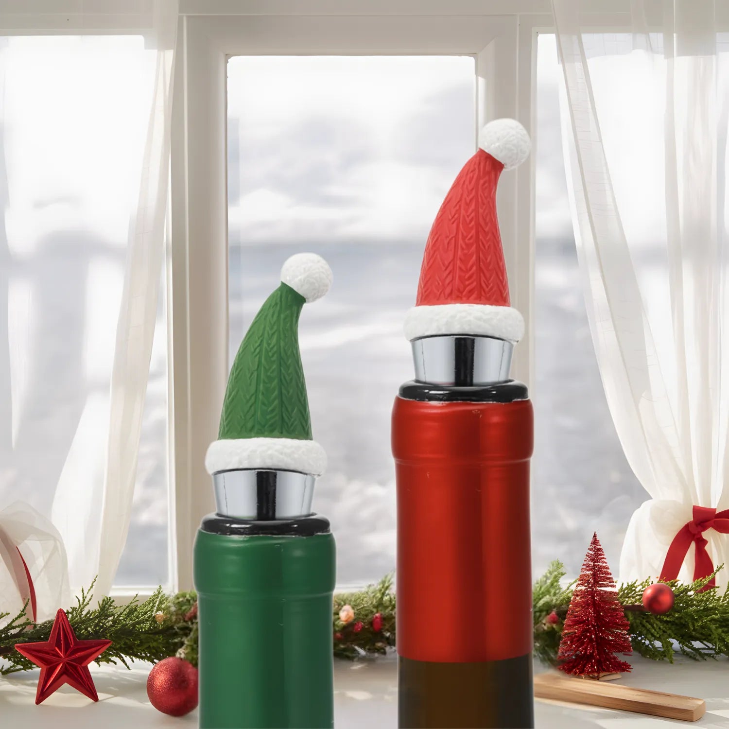 santa hat wine stoppers fitted on bottles
