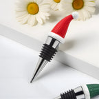 santa hat wine stoppers on a home bar counter