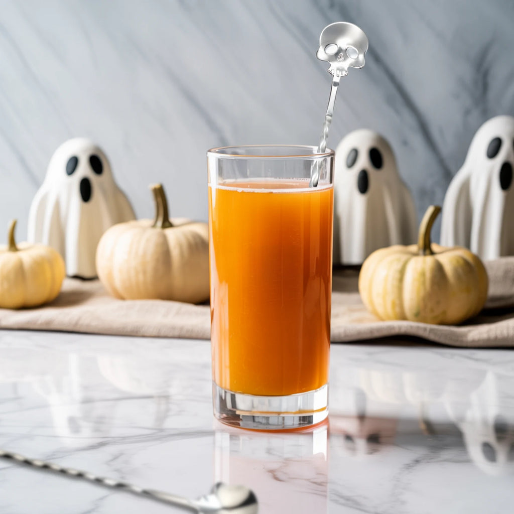 skull bar spoon placed in a Halloween cocktail