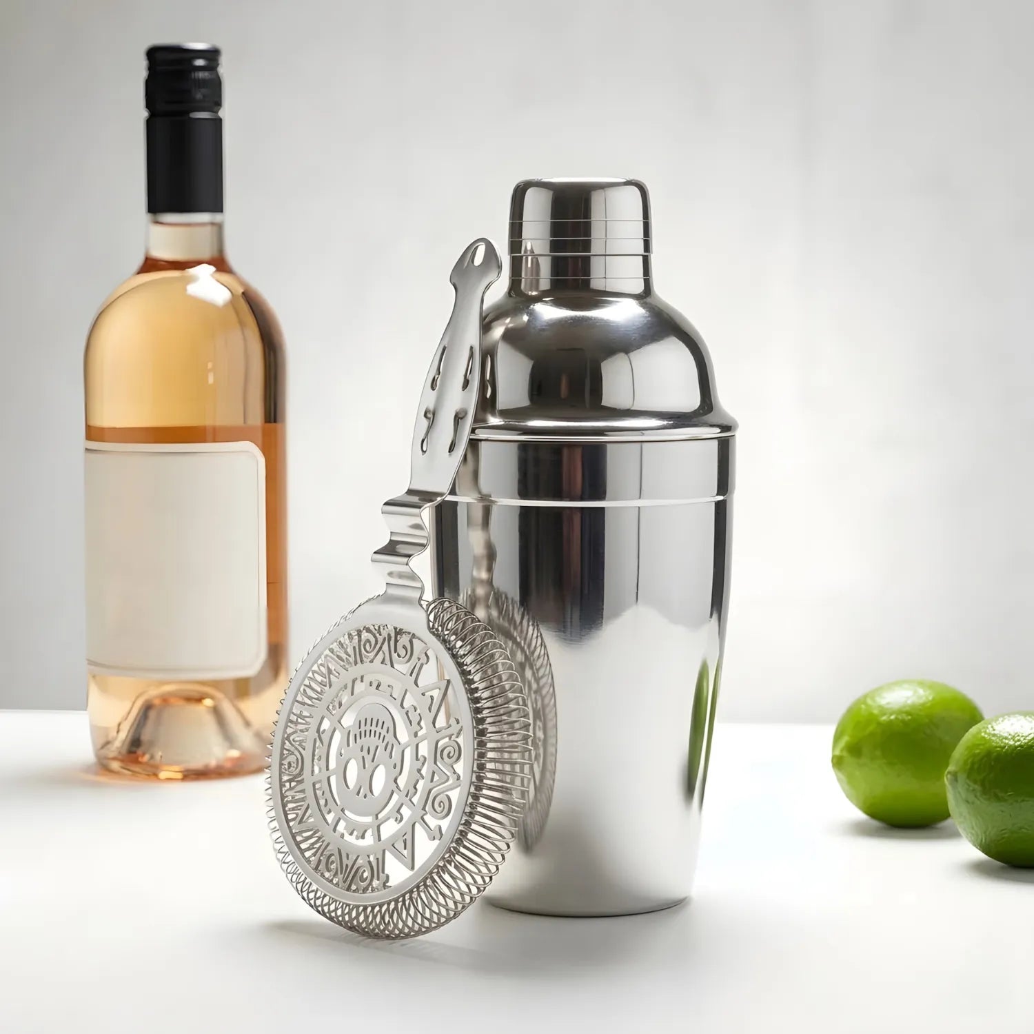 skull strainer next to a cobbler shaker