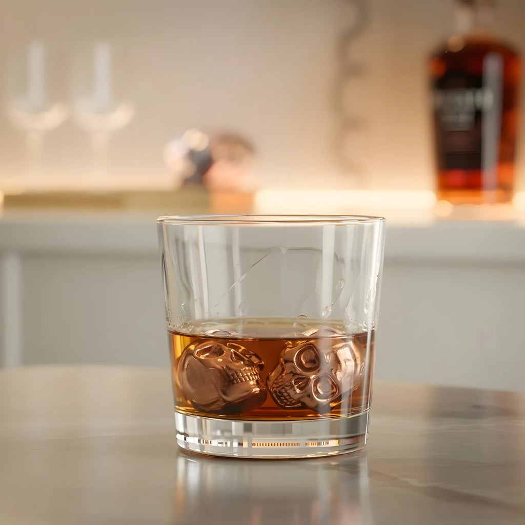 skull stainless steel ice cubes chilling a glass of whiskey
