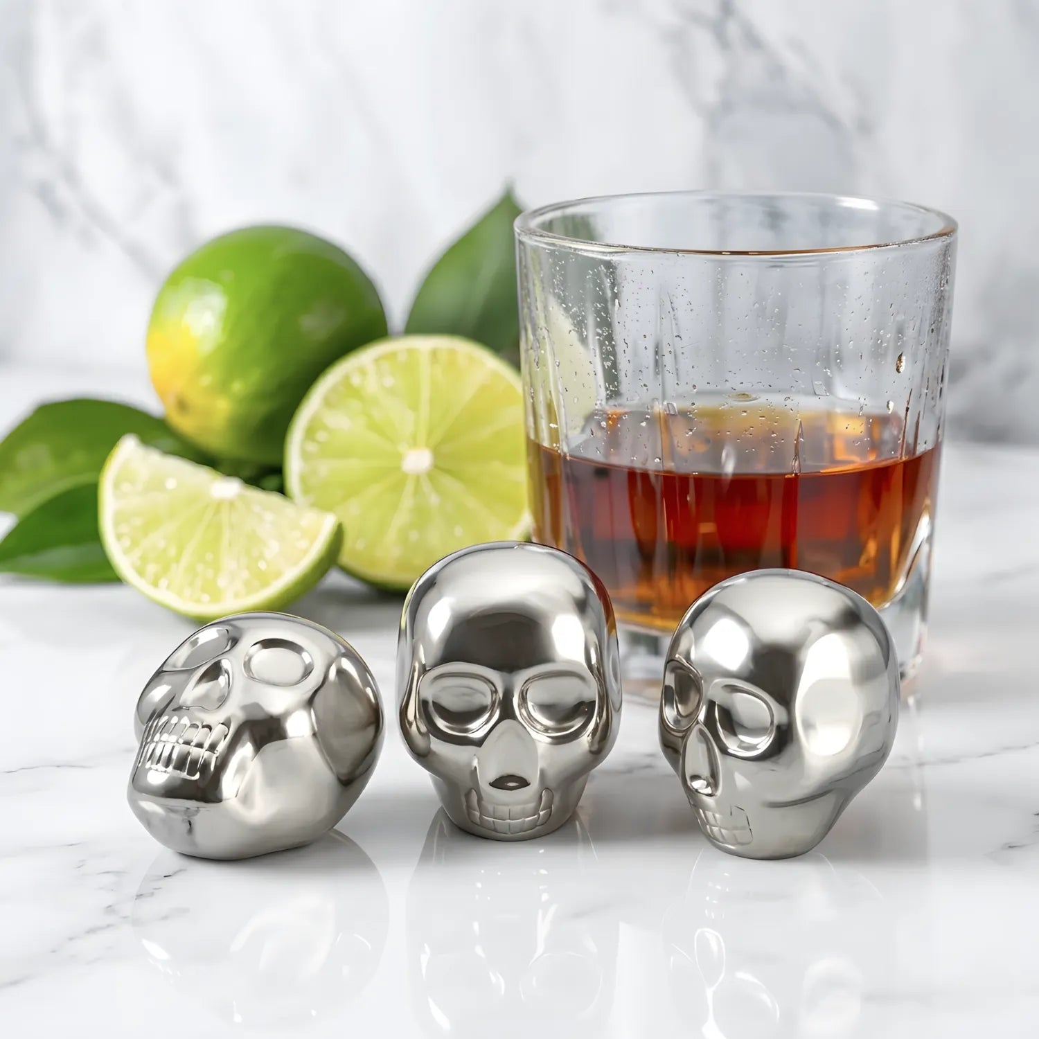 skull stainless steel ice cubes on a home bar counter
