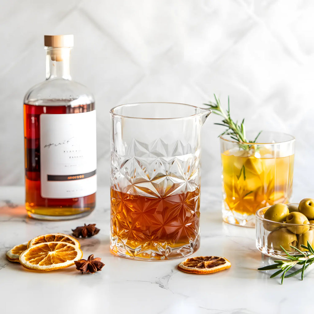 snowflake mixing glass filled with a cocktail