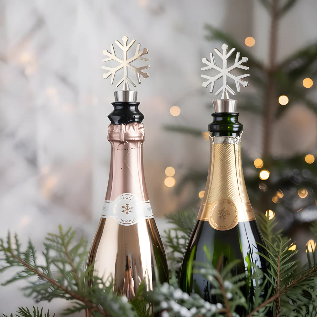 snowflake wine stoppers fitted on bottles