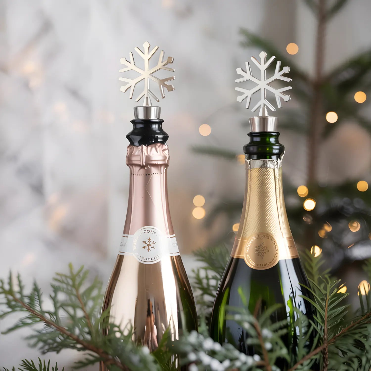 snowflake wine stoppers fitted on bottles