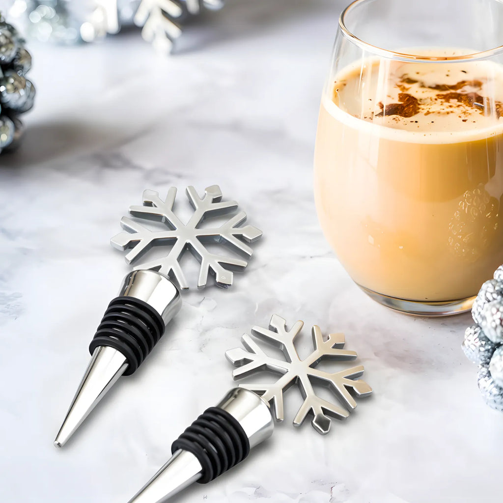 snowflake wine stoppers on a home bar counter