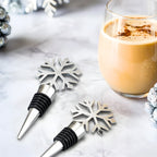snowflake wine stoppers on a home bar counter