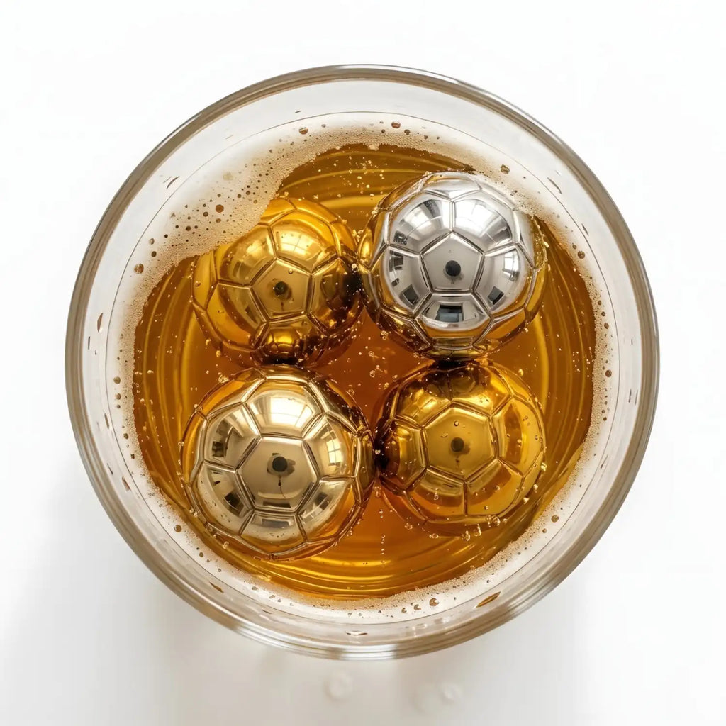 soccer stainless steel ice cubes in a glass of beer