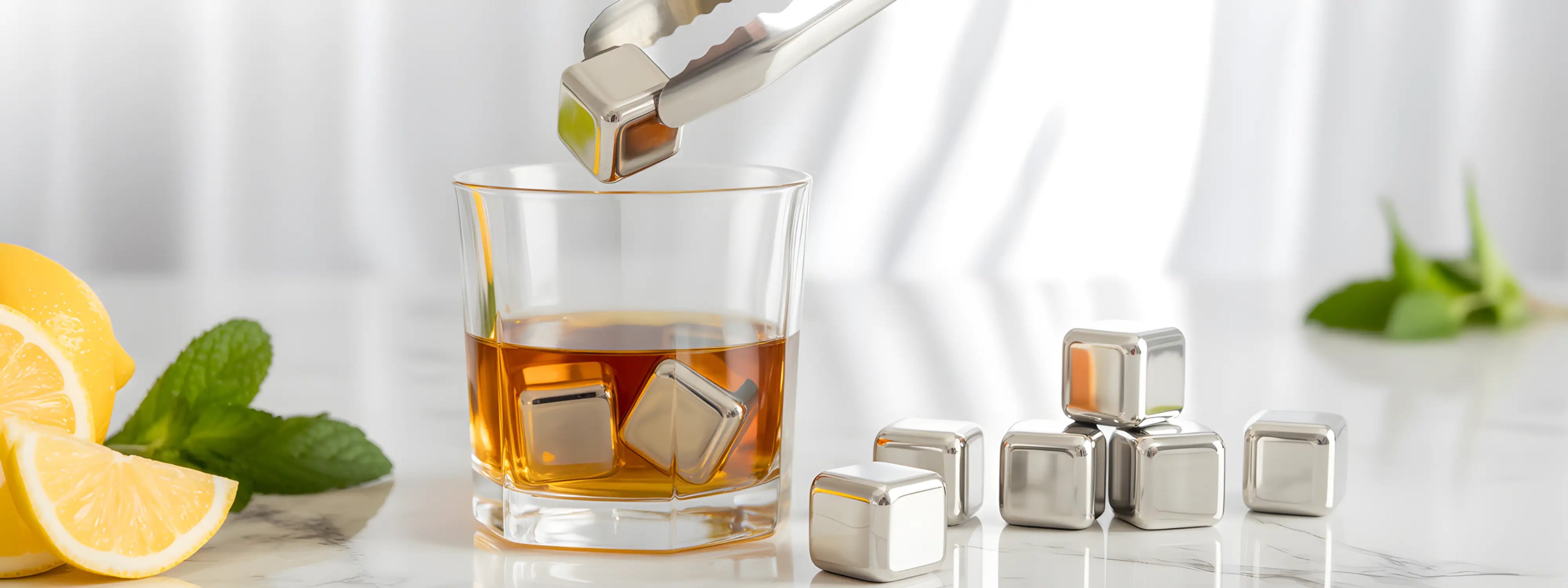 Adding stainless steel ice cubes to a glass