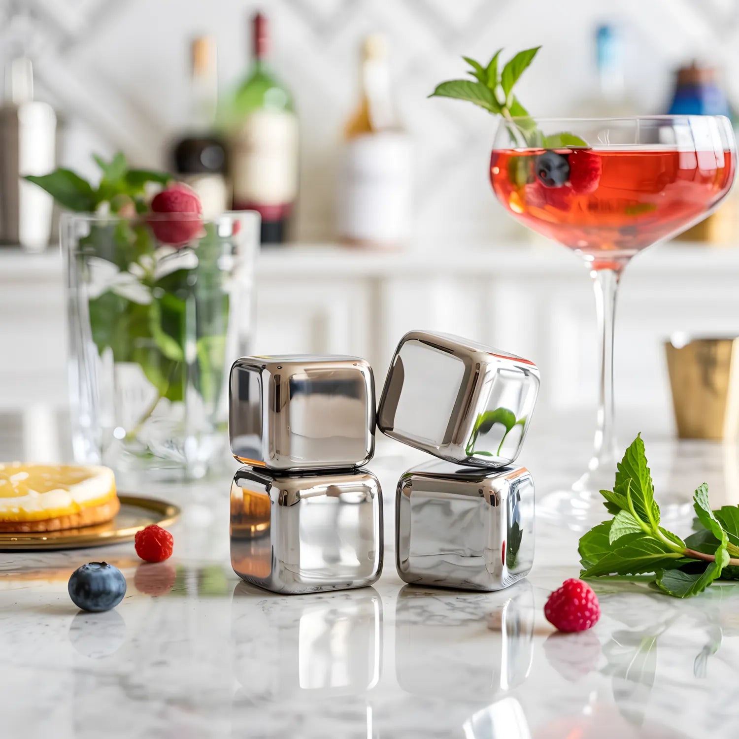 4-piece stainless steel ice cubes on a home bar counter