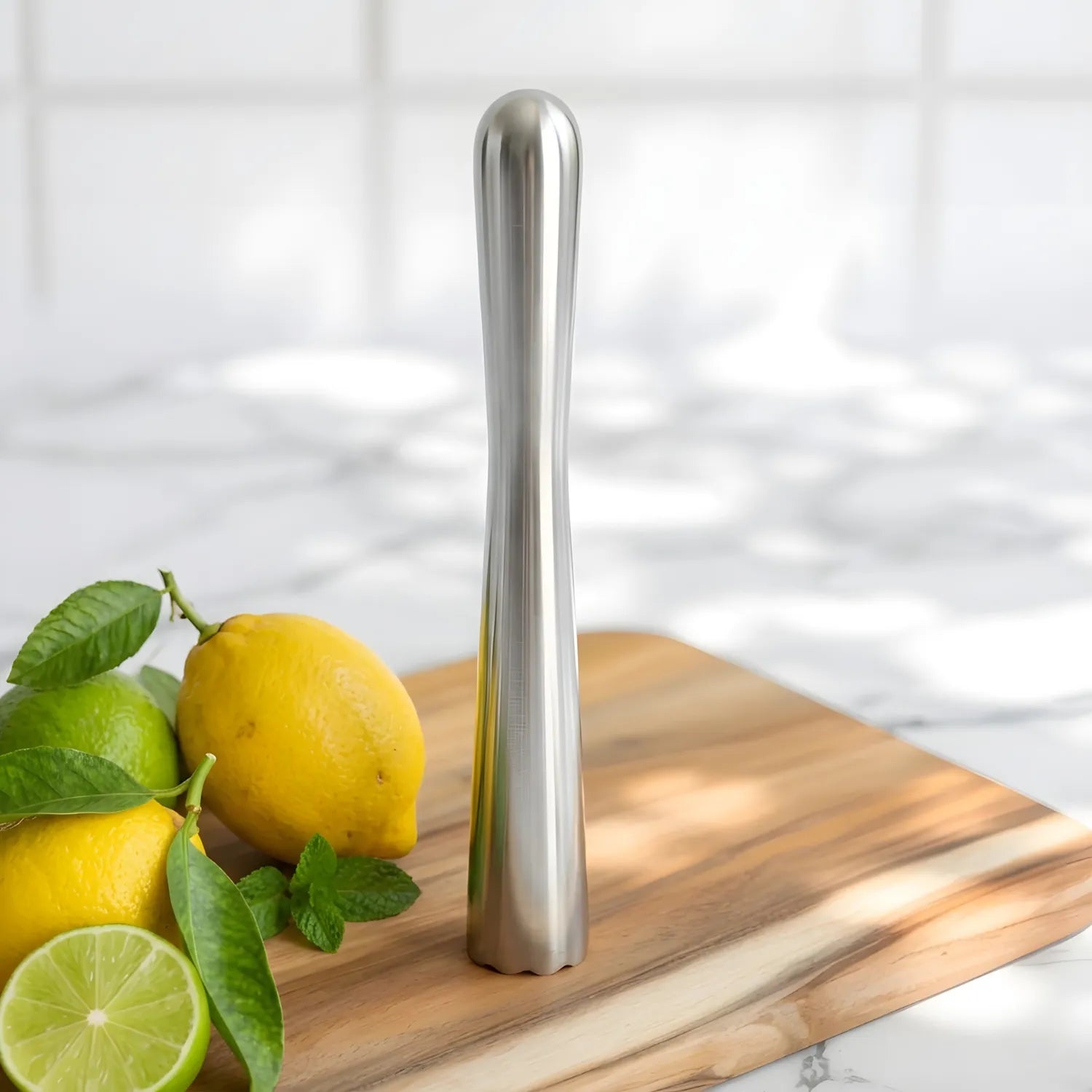 stainless steel muddler on a home bar counter